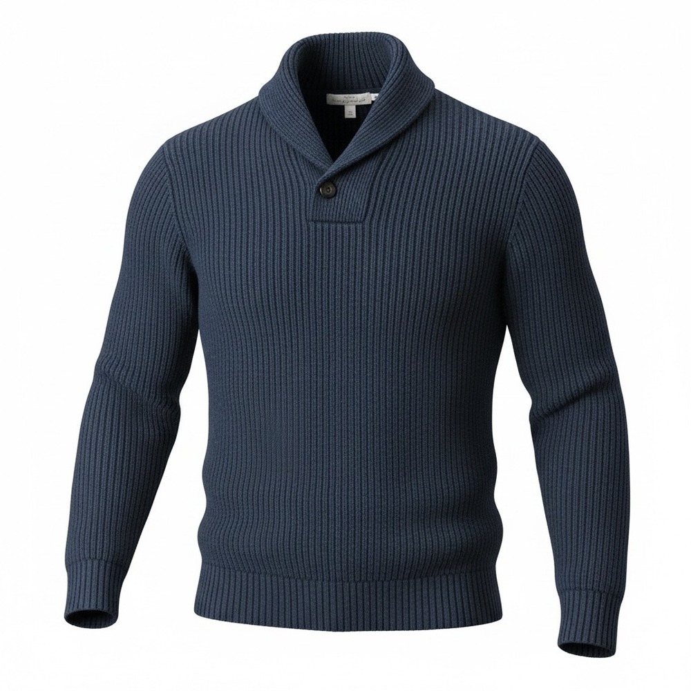 HM LOGG Men Blue Ribbed Shawl Collar Henley Long Sleeve Pullover Heavy Sweater L